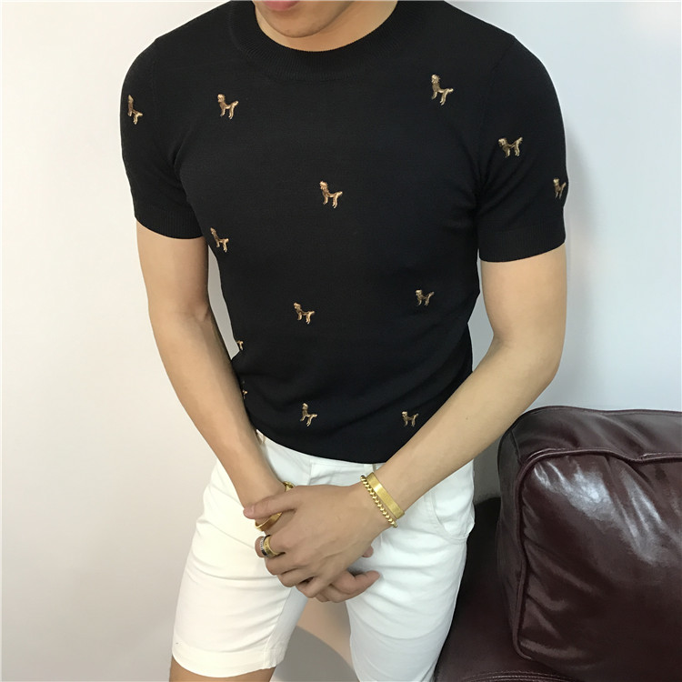 2018 Mùa Hè Hàn Quốc Thanh Niên Slim Ngắn Tay Áo Len Nam Thêu Puppy Vòng Cổ Đan Áo Len Lạnh T-Shirt Nam