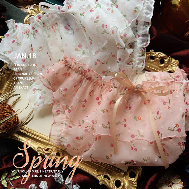 Enjoy sexy underwear female Japanese sweet cherry print transparent chiffon wood ear transparent thin ladies briefs