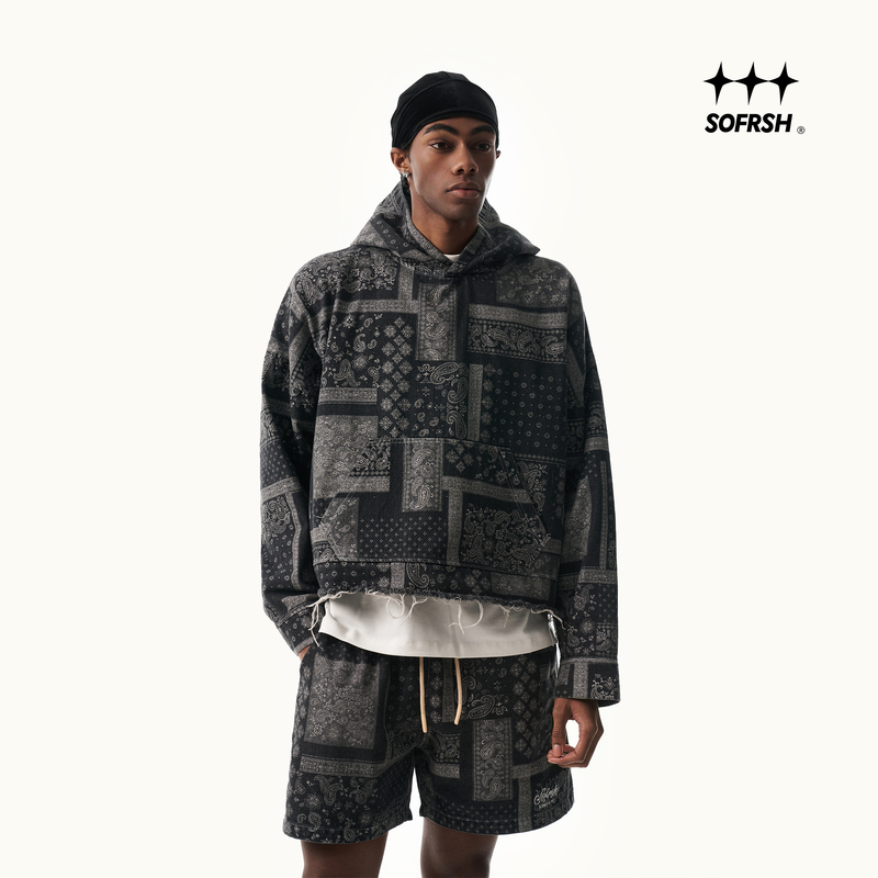 Sofrsh Denim Hooded Sweatshirt for Men, American Retro Washed Distressed Embroidered Short Hoodie, New Trendy Style