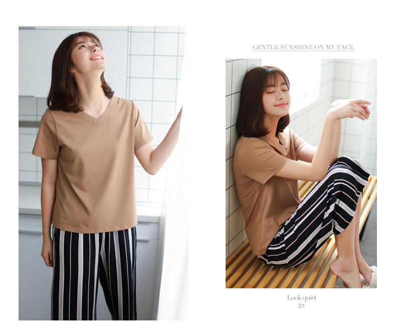 Pabangu 2018 new casual ngắn tay cotton đồ ngủ phụ nữ mùa hè Hàn Quốc sinh viên tươi có thể mặc dịch vụ nhà