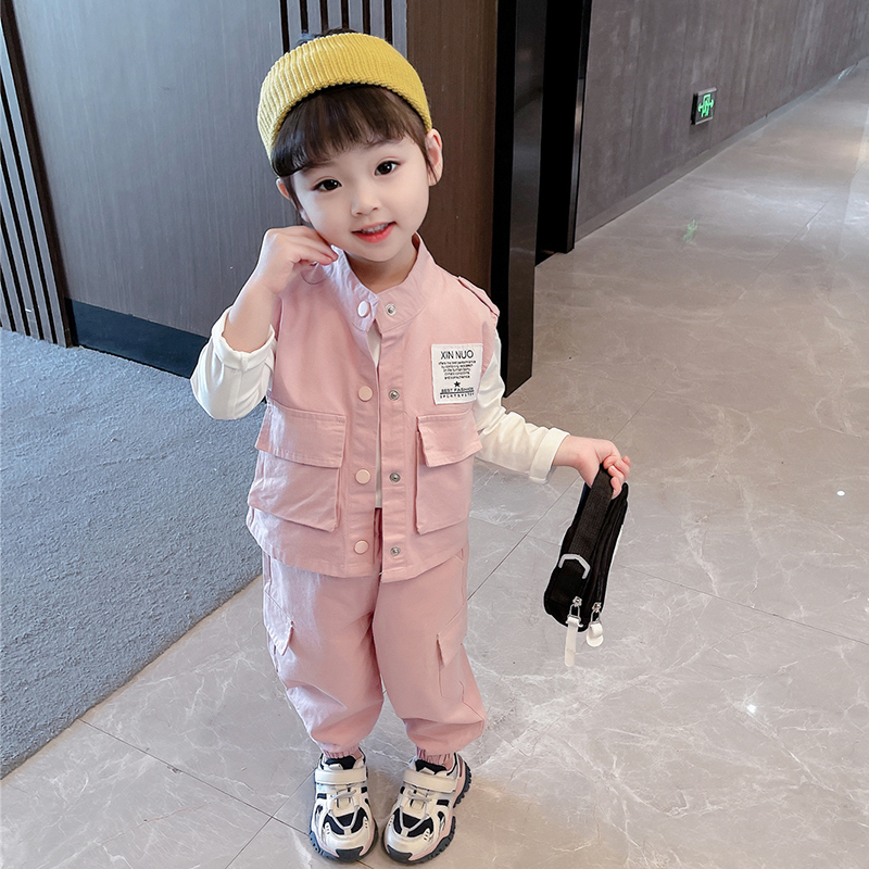 Children's spring girls net red suit Western tide clothes Baby spring and autumn girls vest vest tooling three-piece set