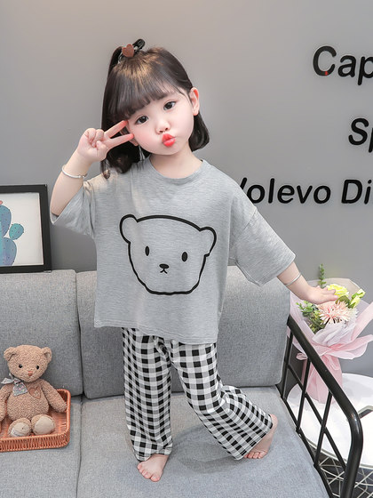 儿童睡衣女童春秋夏季薄款女宝家居服套装格子女孩纯棉莫代尔秋季