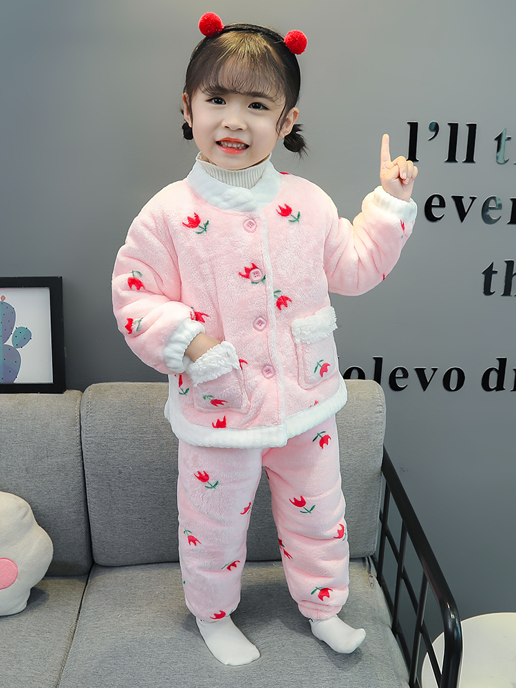 Flannel children's pajamas winter thickened girls autumn and winter men's velvet female children coral velvet baby home clothes