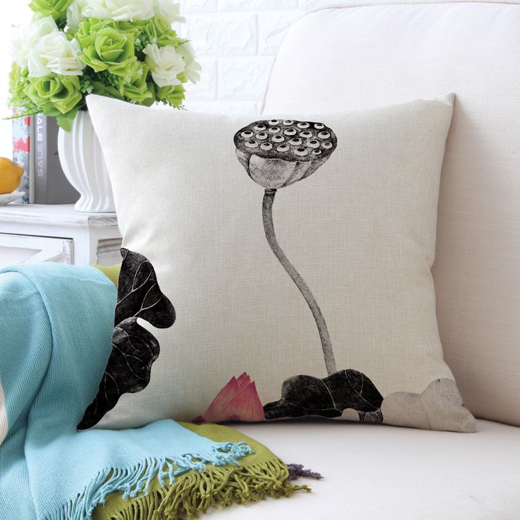 Ink Lotus Classical gối phong cách Trung Quốc retro mới sofa Trung Quốc gỗ gụ Bông và vải lanh gối lõi bộ đệm Bộ chăn gối hình thú