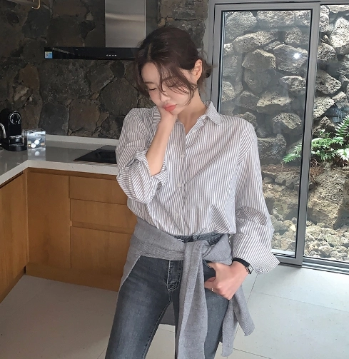 Little G Hàn Quốc mua quần áo phụ nữ mùa thu Phong cách Hàn Quốc đơn giản phong cách phương Tây sọc dọc áo sơ mi rộng rãi - Áo sơ mi
