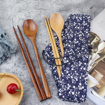 Japanese wooden spoon solid wood long handle straight handle large spoon wooden spoon household eating spoon wooden tableware cloth bag