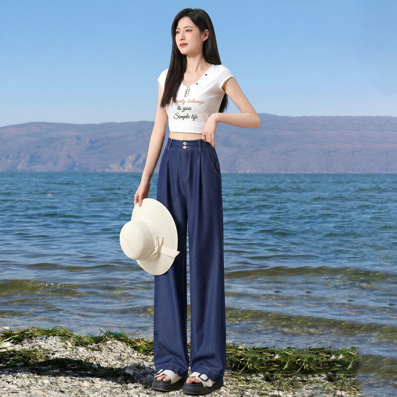 Spring and Summer New Style Women's Narrow Wide-Leg Pants, Thin Drapey Elastic Waist Straight-Leg Pants, High-Waisted Casual Jeans