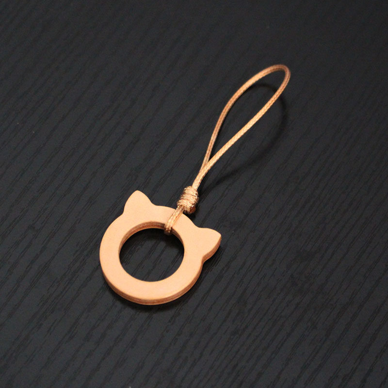 Cat double-sided mobile phone drop-proof ring top layer cowhide vegetable tanned leather handmade keychain hand account pendant gift