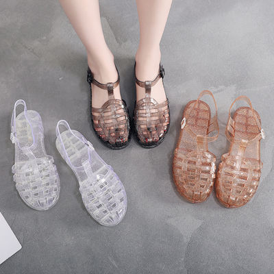 Korean-style flip-flops for girls, summer flats, student hollowed-out low-heeled clogs, anti-slip and waterproof plastic rubber shoes, beach shoes
