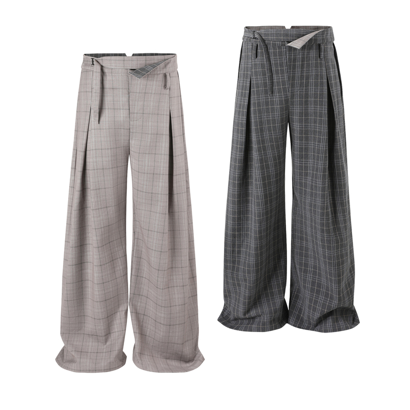 Taichiism “Twin Flowers” Old Money Plaid Wide-Leg Double-Waist Tie Double-Layer Color-Block Double-Pleated Casual Trousers Taichiism “Twin Flowers” Old Money Plaid Wide-Leg Double-Waist Tie Double-Layer Color-Block Double-Pleated Casual Trousers