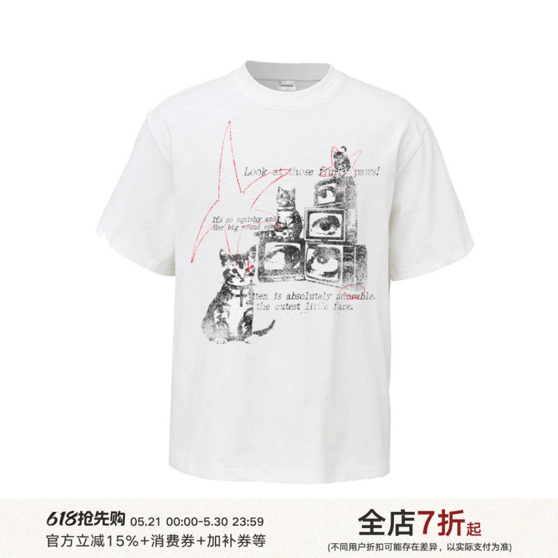 Taichiism Summer American-Style Vintage Digital Washed Graffiti Cat Print Niche Design Casual Short-Sleeve T-Shirt Taichiism Summer American-Style Vintage Digital Washed Graffiti Cat Print Niche Design Casual Short-Sleeve T-Shirt