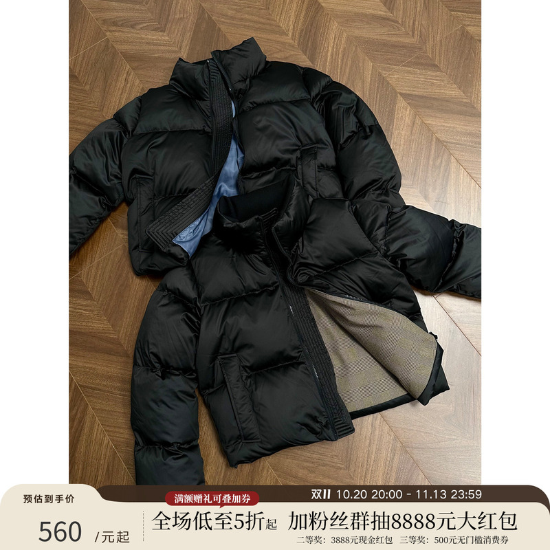 Taichiism 90 White Duck down Stand Collar Short Wide Boxy Satin Glossy “Blue Light” “Doug” down Jacket