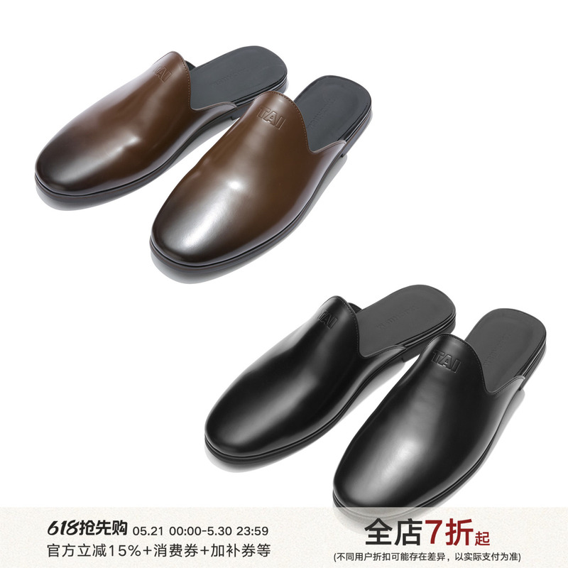 Taichiism Hotel Muller Cowhide Lazy Smoky Glossy Closed-Toe Slip-On Genuine Leather Birkenstock-Style Slippers