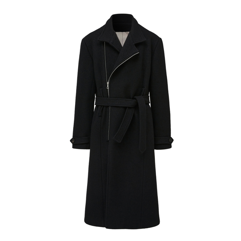 Taichiism “100% Wool Diagonal Zipper” Tie-Style Small Stand Collar Waist-Cinching Textured Wool Old Money Coat