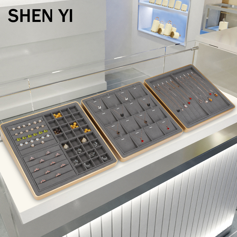 Shenyi Jewelry Counter Display Props Gold Painted Microfiber Set Plate Diamond Gold Silver Jewelry Props