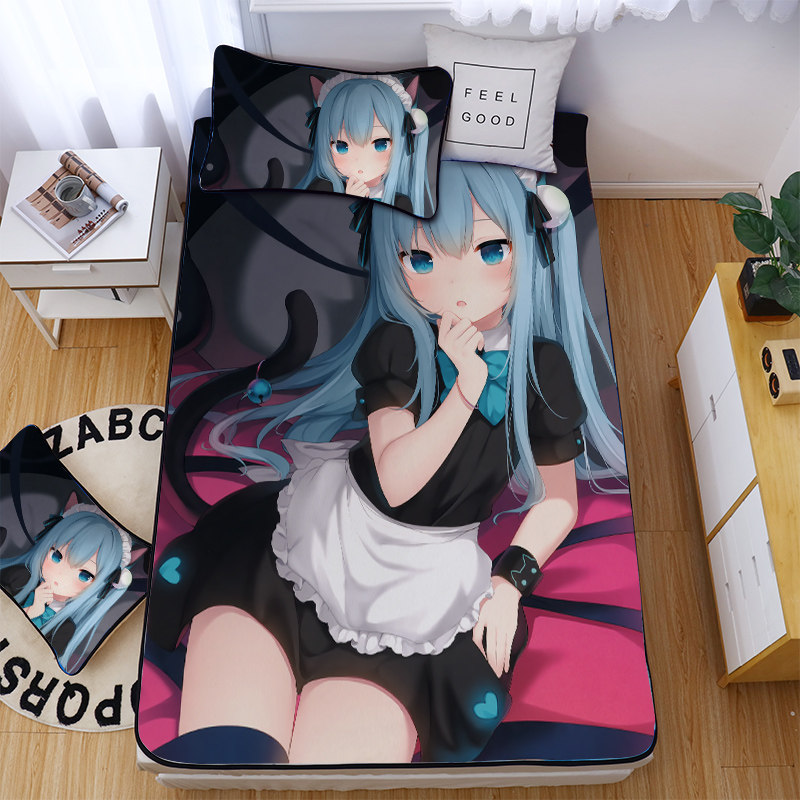 Set made girl ice silk mat three sets 1 5m bed can be folded with washed mat for a second Yuan Cartoon Cat Plume Mat