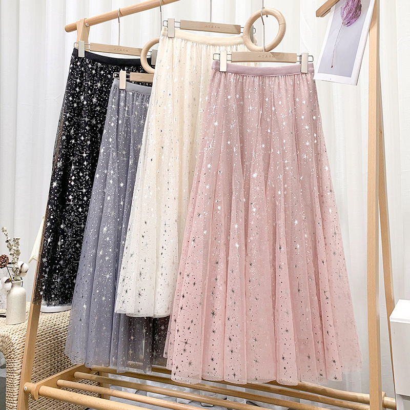 Starry Sky Skirt, Tulle Skirt, Sequined Pink Mesh Skirt, 2021 Spring Style, Women's Mid-Length High-Waisted Flared Skirt, Long Skirt