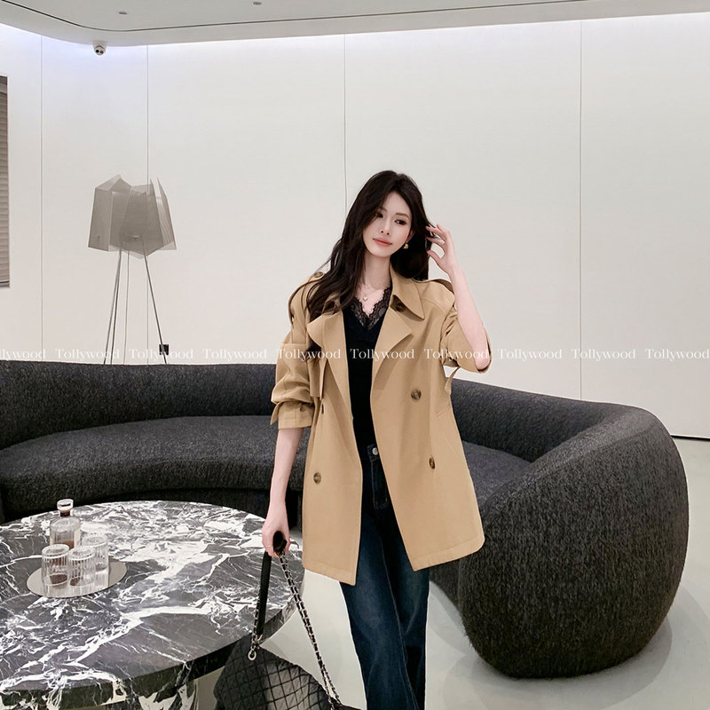 Peach and Pear [Breeze Walk] Autumn New Khaki Lapel Trench Coat Waist-Cinching Fashionable Women's Clothing