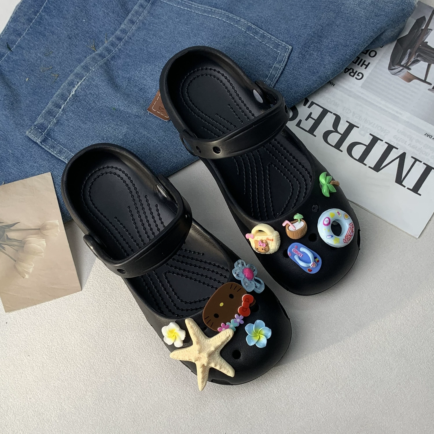 Летние слипоны в стиле Crocs, милые сандалии для отдыха, нескользящие пляжные мюли, леопардовый принт, стиль balletcore, подходят для уличной носки