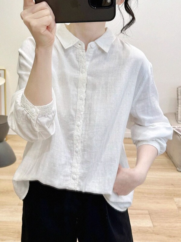 Spring and Summer New Cotton and Linen Shirts for Women, Lace Trim, Pure Cotton Long-Sleeved Loose Tops, Base Shirts, Fashionable Shirts Spring and Summer New Cotton and Linen Shirts for Women, Lace Trim, Pure Cotton Long-Sleeved Loose Tops, Base Shirts, Fashionable Shirts
