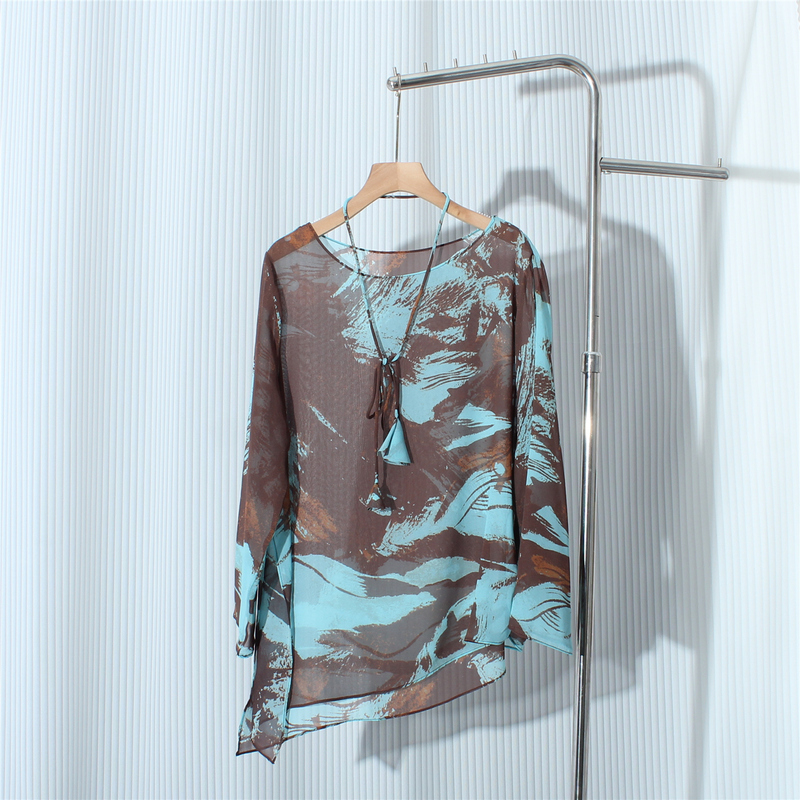 Chinese Style Round Neck High-End Irregular Slit Shirt for Women, European Style Summer New Print Sun Protection Belt Fashion Top
