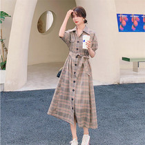 VOGCHAR retro French plaid dress womens 2021 new summer long Hepburn style shows thin temperament