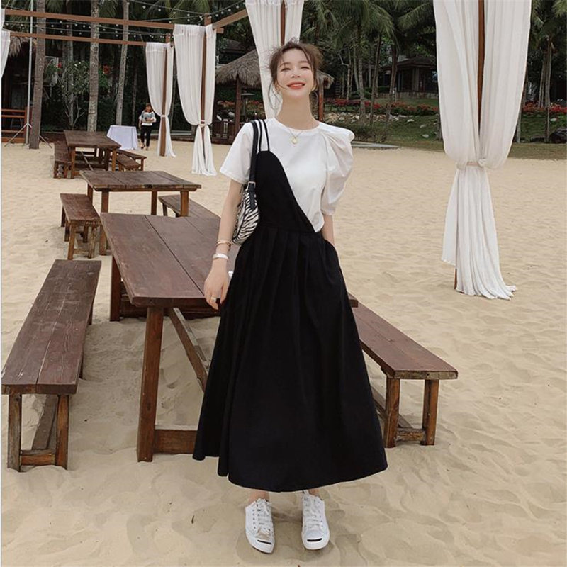 VOGCHAR French Puff Sleeve Stitching Long Dress Women's 2022 New Summer God Van Hepburn Style Looks Thin