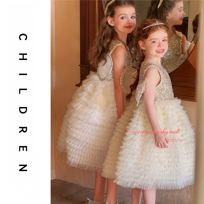 高級子供用プリンセスドレス 夏 2025 翼付き チュチュスカート 女の子 誕生日 子供の日 ホワイトドレス ドレス