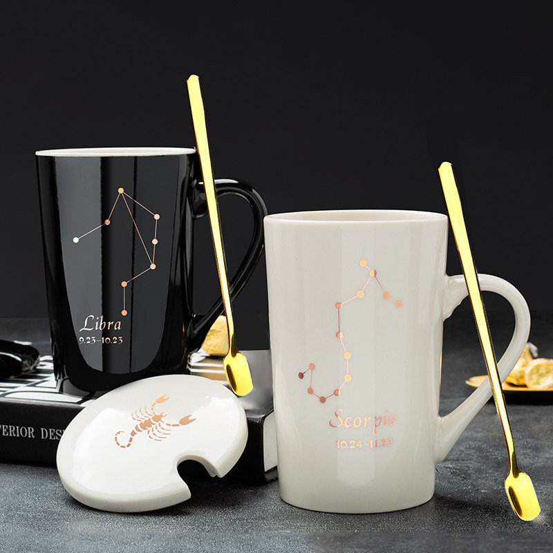 Japan ZD Mark Cup with lid spoon twelve Constellation Lovers Water Glasses Office Coffee Cup Ceramic Home Cup Creativity