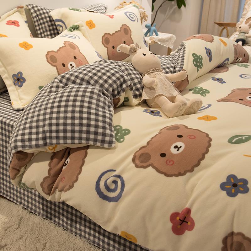 Japan ZD winter cartoon velvet bed four-piece thickened coral flannel quilt cover double-sided velvet bed sheet