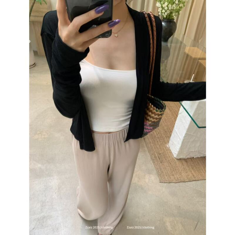 Zzaiz Small Cardigan, Black Thin Drop-Shoulder Knit Jacket, Lazy Style, Sun Protection, Versatile Top~