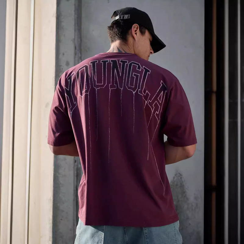 Youngla American-Style Tough Guy Heavyweight Large Size Sports T-Shirt Round Neck Loose Drop Shoulder Short Sleeve Casual Fitness Training Shirt
