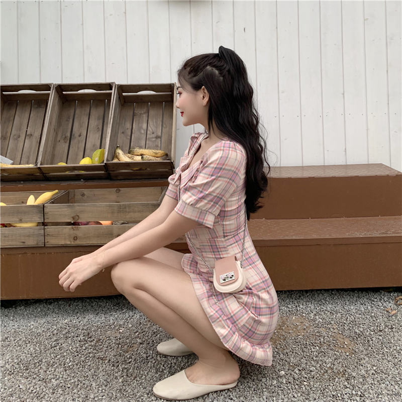 DABI 韓國風格子方領襯衫高腰顯瘦短袖洋裝