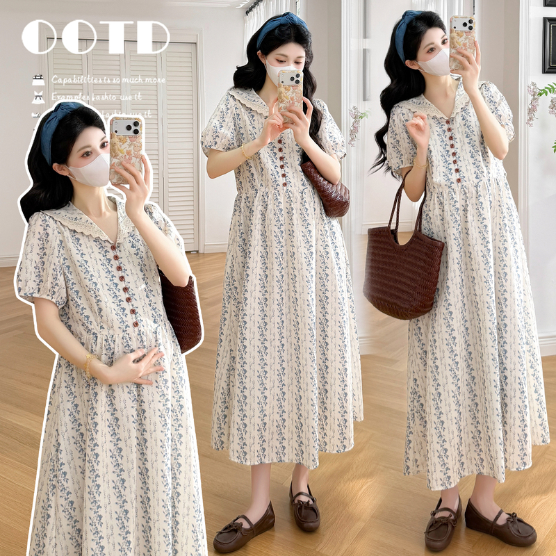 Angel Mommy~ Maternity Wear Summer Fashion New Style Sailor Collar Puff Sleeve Single-Breasted Color-Block Floral Dress Angel Mommy~ Maternity Wear Summer Fashion New Style Sailor Collar Puff Sleeve Single-Breasted Color-Block Floral Dress
