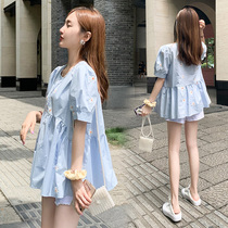 Angel mommy~Maternity summer fashion Little Daisy hot mom short-sleeved doll shirt Large size maternity top tide