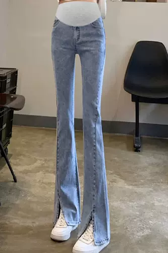 Осенние джинсы для матери и ребенка для беременных, штаны, весенние штаны-клёш с поддержкой живота, свободный прямой крой, стройный силуэт