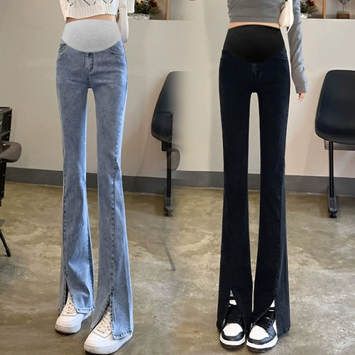 Осенние джинсы для матери и ребенка для беременных, штаны, весенние штаны-клёш с поддержкой живота, свободный прямой крой, стройный силуэт