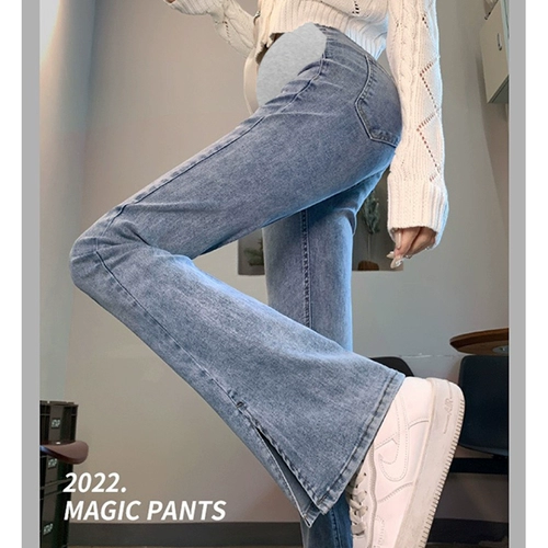 Осенние джинсы для матери и ребенка для беременных, штаны, весенние штаны-клёш с поддержкой живота, свободный прямой крой, стройный силуэт