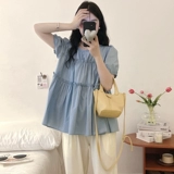 Летний комплект для матери и ребенка для беременных, рубашка, рукава фонарики, свободный крой, оверсайз