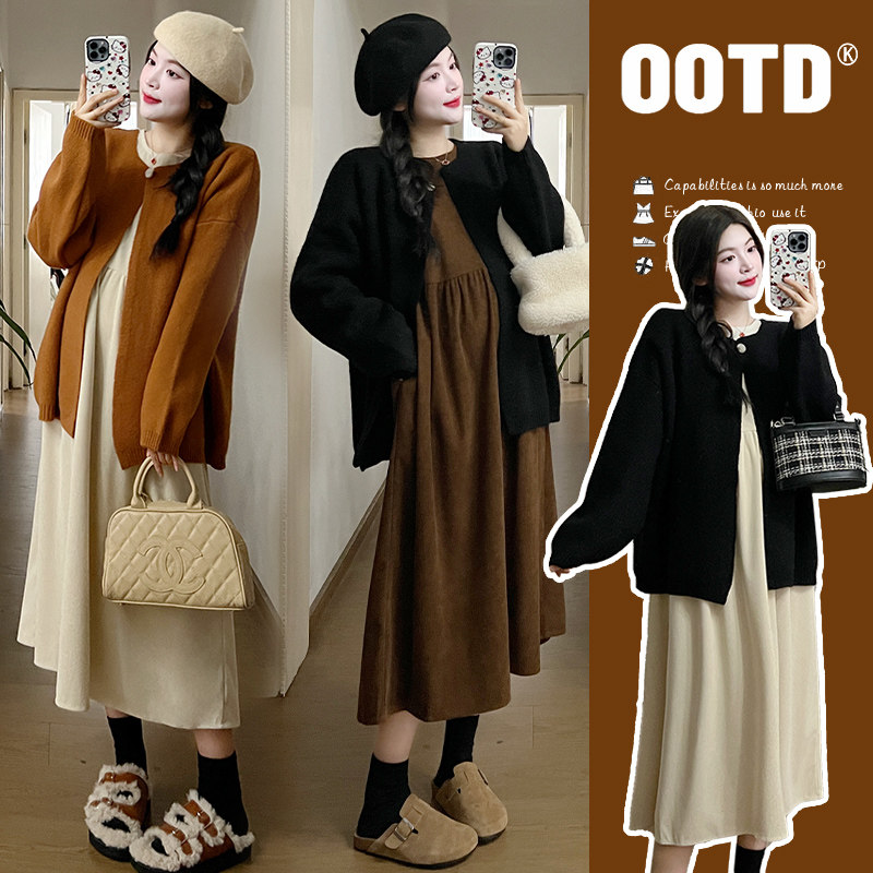 Angel Mommy ~ Gestation Dress Autumn Winter New Lamp Core Suede Long Sleeve Loose Even Dress Sweater Sweatshirt Two-piece-Taobao