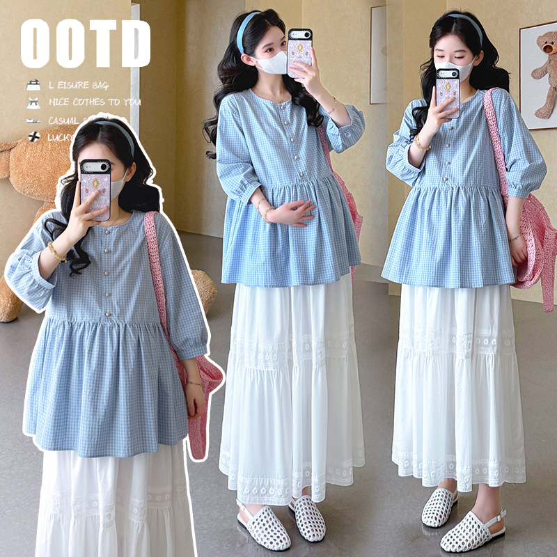 Angel Mommy~ Maternity Tops for Women 2026 Summer New Style Three-Quarter Sleeve Fashion Retro Plaid Shirt Babydoll Shirt