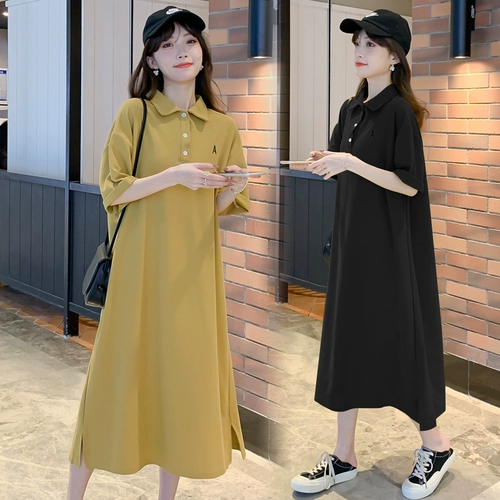 Летняя одежда для матери и ребенка для беременных, футболка, длинная юбка, платье, воротник поло, короткий рукав, яркий броский стиль, большой размер