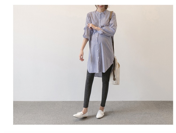 Áo bà bầu xuân 2019 mới áo dài tay cho bà bầu mùa xuân và mùa thu dài đoạn rộng sọc rộng váy bà bầu - Áo thai sản những mẫu váy bầu đẹp