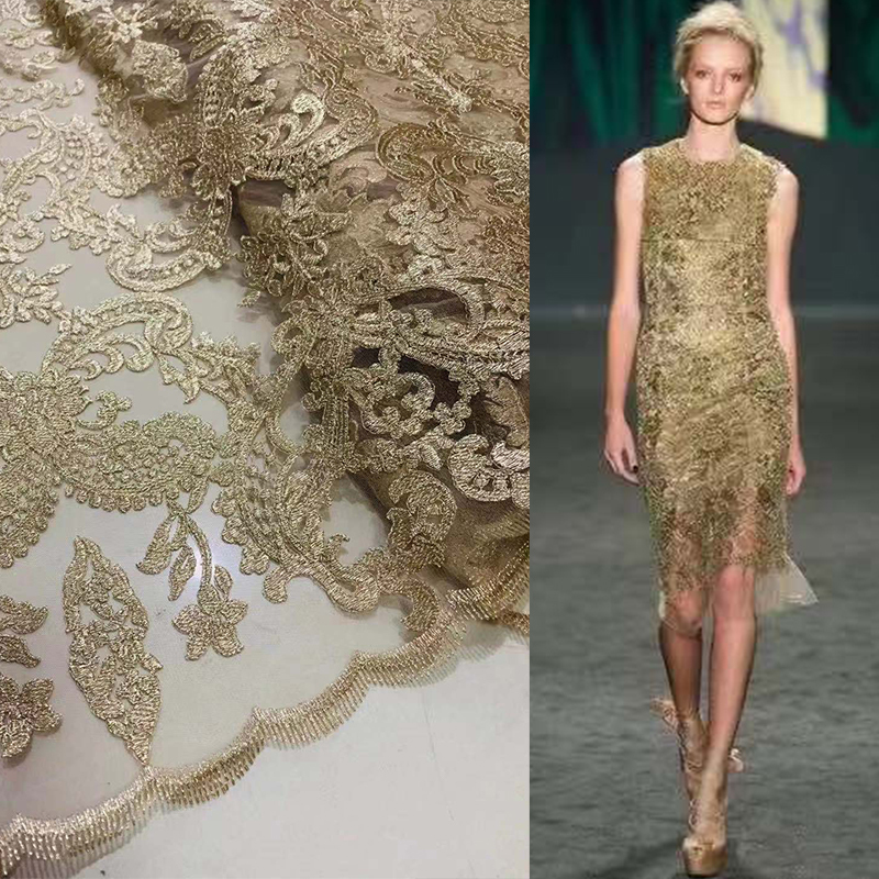 W72 Imported Gold Thread Embroidery Water-Soluble Lace Eyelash Edge Fabric High-Quality Soft and Comfortable Cheongsam Dress Fabric