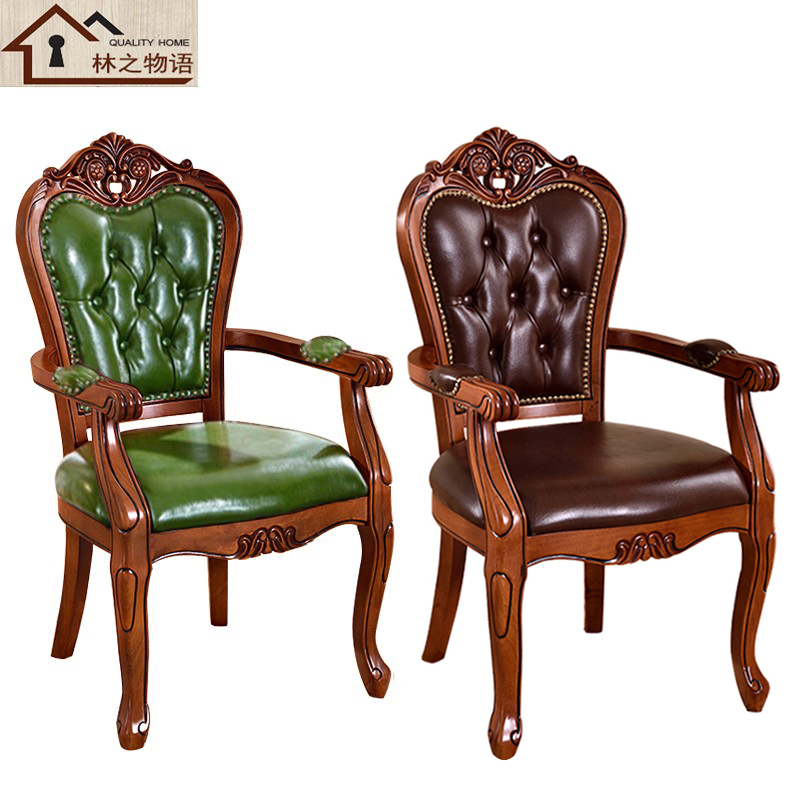 European-Style Genuine Leather Dining Chair, First-Layer Cowhide Dining Chair, American-Style Study Chair, Solid Wood Reception Chair, Soft Backrest Leisure Chair