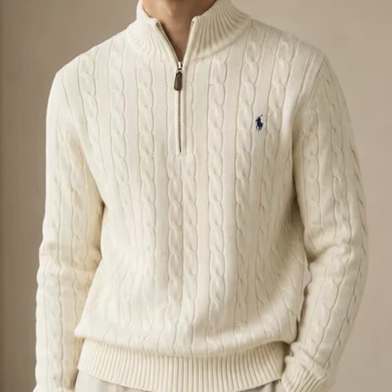 Ralph Lauren/Ralph Lauren Men's Old Money Style Pony Logo Pure Cotton Half-Zip Stand Collar Wool Sweater