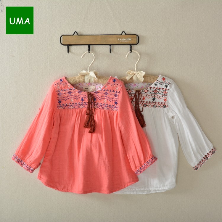 UMA] foreign trade original single spring dress girl girl treasure thin section breathable elegant ethnic style embroidered long-sleeved top skirt shirt