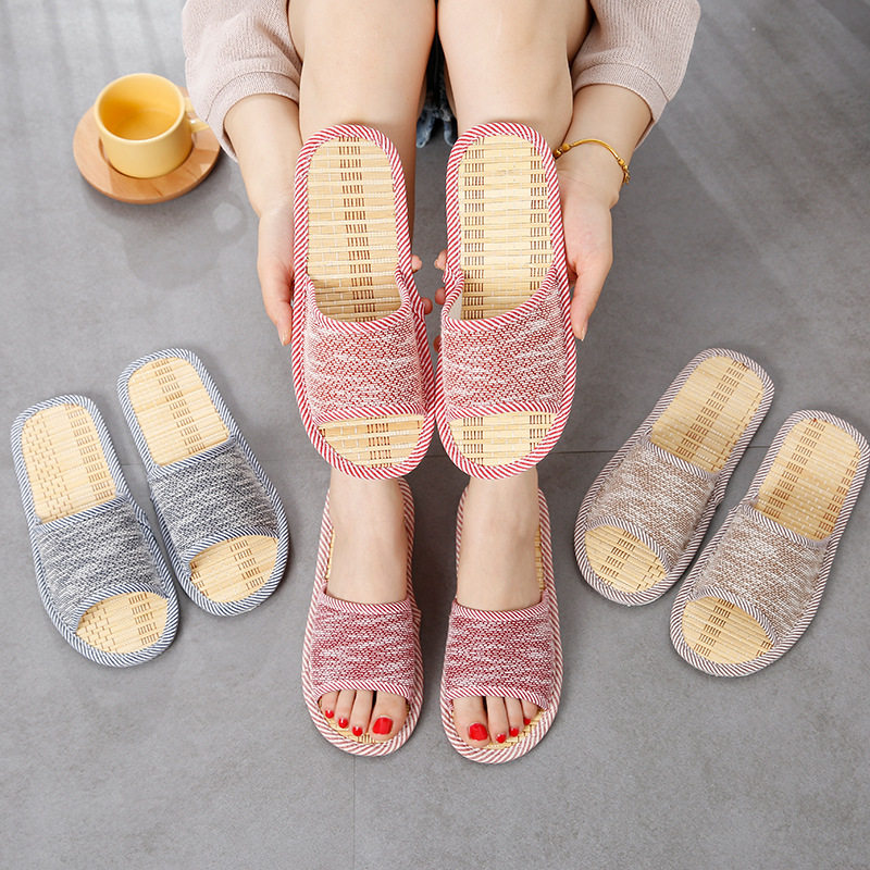 2021 new summer men's and women's bamboo mat slippers home indoor wooden floor leisure non-slip breathable linen cool drag