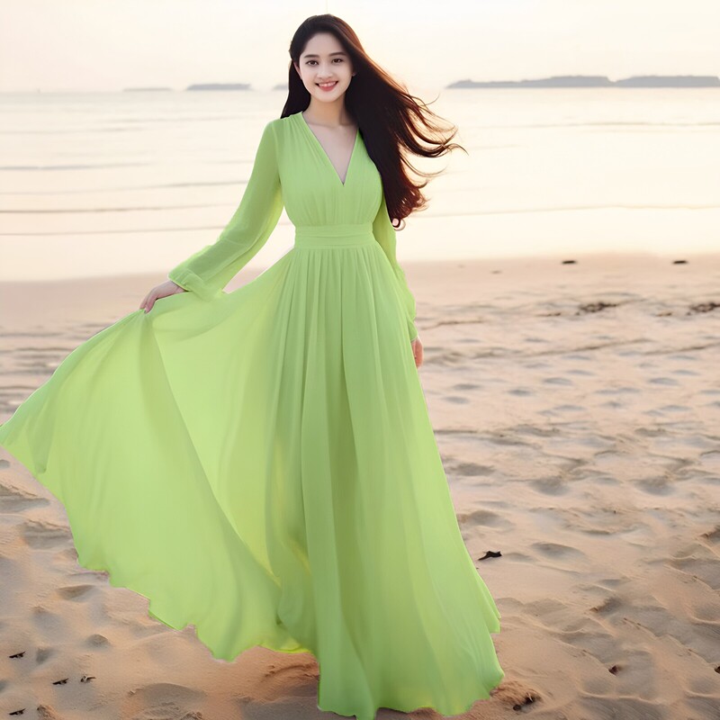 2026 Spring and Autumn New Beach Dress Red Chiffon Dress Sanya Seaside Vacation Flowing Long Flared Skirt Summer 2026 Spring and Autumn New Beach Dress Red Chiffon Dress Sanya Seaside Vacation Flowing Long Flared Skirt Summer