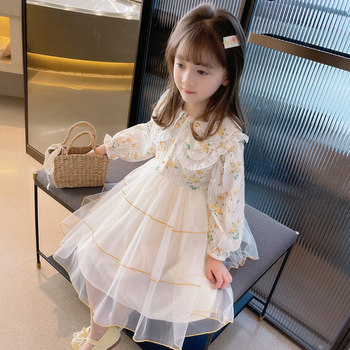 Girls Floral Dress Autumn 2022 New Western-style Yellow Gauze Skirt Long Sleeve Princess Skirt Little Girl Skirt